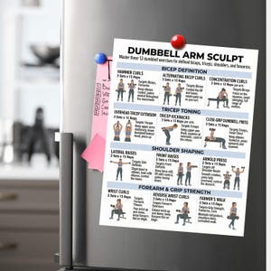 May include: A white printed exercise chart titled "Dumbbell Arm Sculpt" is attached to a refrigerator with magnets. The chart details 12 dumbbell exercises for biceps, triceps, shoulders, and forearms, with illustrations and instructions.