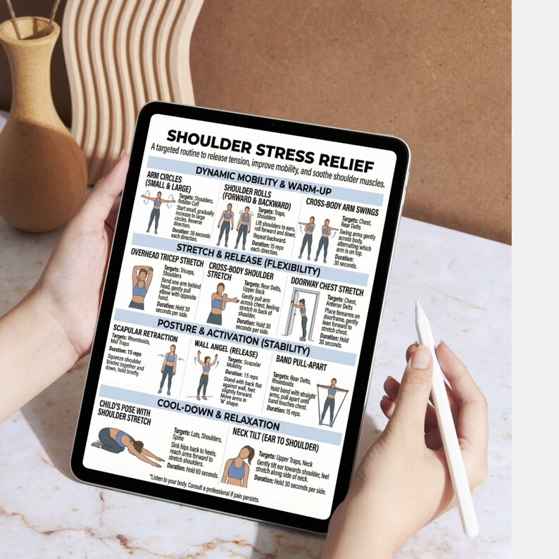 May include: A tablet displays a guide for shoulder stress relief exercises. The screen shows diagrams for arm circles, shoulder rolls, and other stretches. A stylus is held in the hand, pointing at the screen. The background is a light beige.