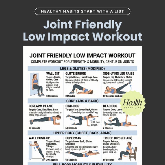 Joint Friendly Low Impact Workout, Exercise Poster, Home Workout Program, Fitness Plan