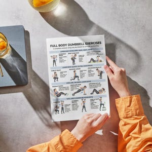 May include: A person holding a white printed sheet titled "FULL BODY DUMBBELL EXERCISES". The sheet displays illustrated dumbbell exercises for strength and toning, including overhead press, goblet squats, and Russian twists.
