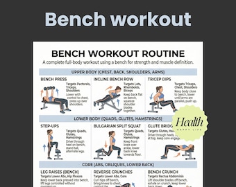 Bench Workout Poster, Full Body Workout, Printable Exercises, 30 Day Workout, Strength Training, Exercises Workout, Home Fitness Plan