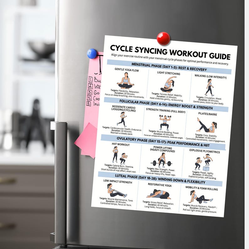K&ouml;nnte beinhalten: Ein wei&szlig;er Trainingsleitfaden mit dem Titel "CYCLE SYNCING WORKOUT GUIDE" ist mit Magneten an einem K&uuml;hlschrank befestigt. Der Leitfaden beschreibt &Uuml;bungen f&uuml;r jede Phase des Menstruationszyklus, einschlie&szlig;lich Yoga, Krafttraining und &Uuml;bungen mit geringer Belastung. Ein pinkfarbener Haftzettel ist angebracht.