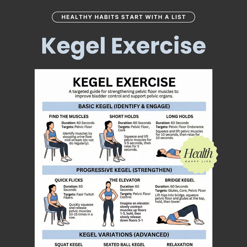May include: A guide to Kegel exercises, with illustrations demonstrating various techniques. The infographic includes instructions for basic, progressive, and advanced exercises, targeting pelvic floor muscles for bladder control and support.