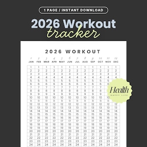 May include: A printable 2026 workout tracker with a grid layout for monthly tracking. The design includes the text "2026 Workout tracker" and "1 Page / Instant Download". A green and white "Health Happy Life" logo is in the bottom right corner.