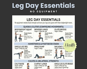 Póster de entrenamiento de piernas, ejercicios para piernas, entrenamiento para la parte inferior del cuerpo, ejercicios imprimibles, entrenamiento de 30 días, plan de ejercicios para hacer en casa