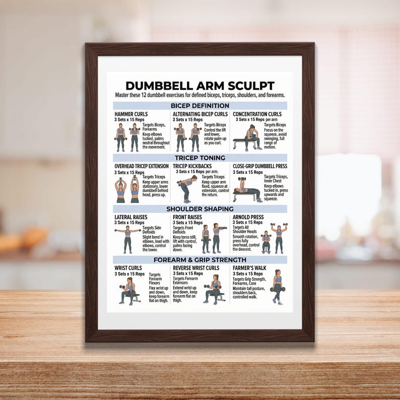 May include: A framed print with the title "DUMBBELL ARM SCULPT" displays 12 dumbbell exercises for biceps, triceps, shoulders, and forearms. The exercises are illustrated with diagrams and include sets and reps.
