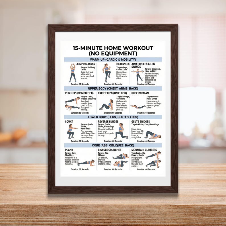 May include: A framed print with a workout routine titled "15-MINUTE HOME WORKOUT (NO EQUIPMENT)". The poster features illustrated exercises like jumping jacks, high knees, push-ups, squats, and more, with durations listed.