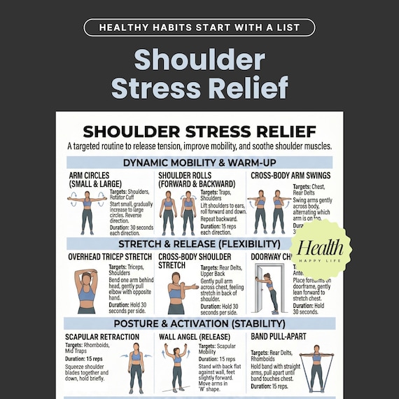 Shoulder Stress Relief Stretching Poster, Shoulder Pain Relief, Flexibility Workout, (PNG File)