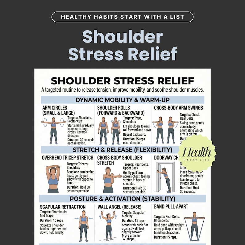May include: Infographic detailing shoulder stress relief exercises. Includes arm circles, shoulder rolls, cross-body arm swings, overhead tricep stretch, cross-body shoulder stretch, doorway chest stretch, scapular retraction, wall angel, and band pull-apart exercises.