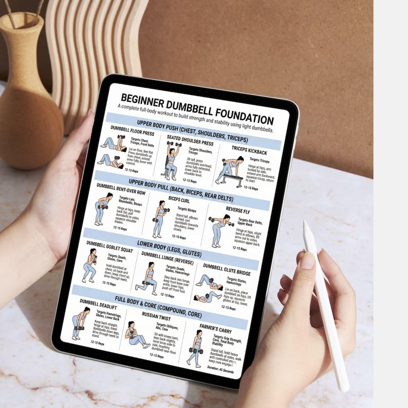 May include: A tablet displays a workout guide titled "Beginner Dumbbell Foundation." The guide features illustrated exercises targeting various muscle groups, including chest, shoulders, triceps, back, biceps, legs, glutes, and core. A white stylus is held near the tablet.