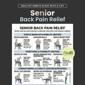 以下が含まれることがあります： 高齢者の腰痛緩和のためのエクササイズを詳述したインフォグラフィック。座位行進、肩回し、座位ツイスト、猫と牛のストレッチ、前屈、膝のストレッチ、骨盤チルト、レッグエクステンション、壁プッシュアップのイラストと手順が含まれています。テキストにはエクササイズのターゲットと期間が含まれています。