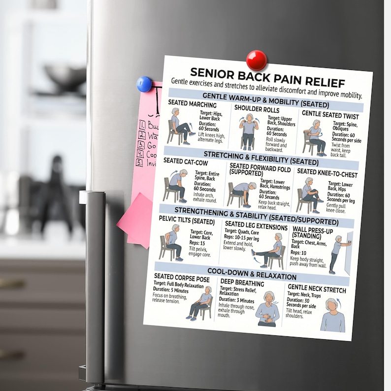 May include: A white printed magnet on a refrigerator door with exercises for senior back pain relief. The magnet includes illustrations and instructions for various stretches and exercises, such as seated marching and gentle neck stretches.