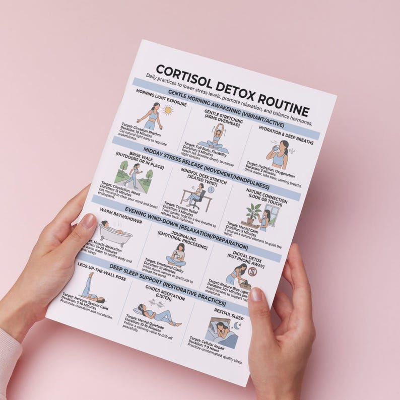 May include: A white paper with the title "CORTISOL DETOX ROUTINE" and illustrations of daily practices for relaxation and hormone balance. The paper is held by hands against a pink background. The text includes "Morning Light Exposure" and "Gentle Stretching."