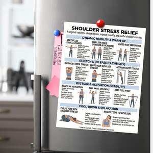May include: A white printed sheet with shoulder stress relief exercises, including arm circles, shoulder rolls, and stretches, is attached to a refrigerator with a blue and red magnet. The sheet is designed to improve mobility and soothe shoulder muscles.