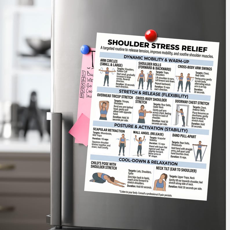 May include: A white printed sheet with shoulder stress relief exercises, including arm circles, shoulder rolls, and stretches, is attached to a refrigerator with a blue and red magnet. The sheet is designed to improve mobility and soothe shoulder muscles.