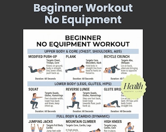 Beginner No Equipment Workout, Upper Body Workout Printable, Lower Body Workout Guide, Printable Exercises, Home Fitness Plan