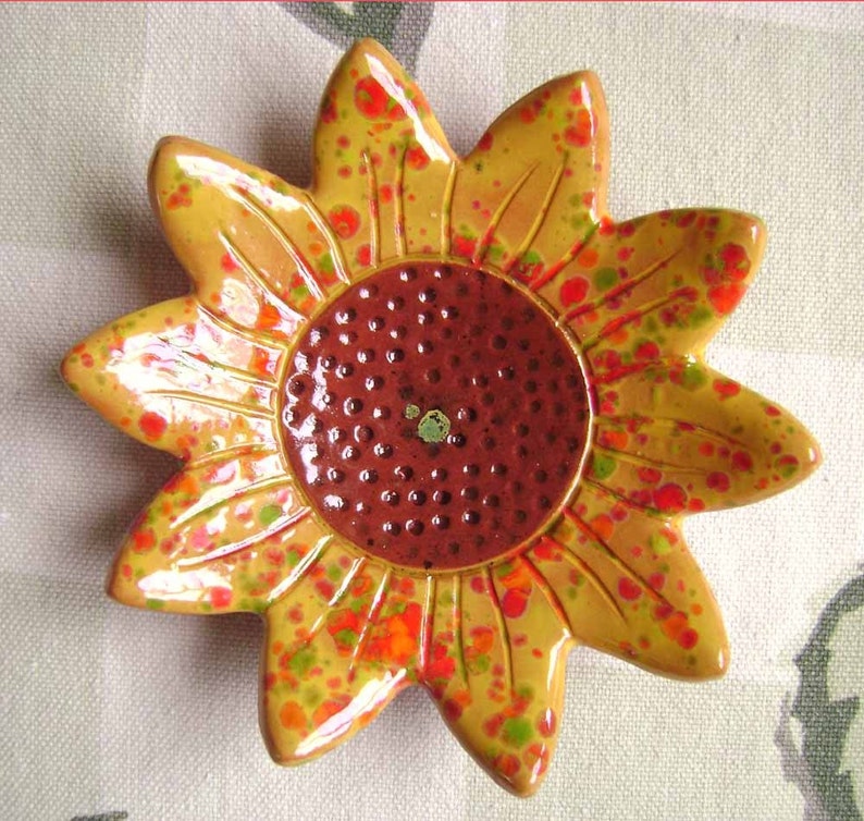 Sunflower Ceramic Dish, small bowl, catchall, jewelry dish, ring holder, home decor, soap dish, candle holder, teabag holder, spoon rest. image 4