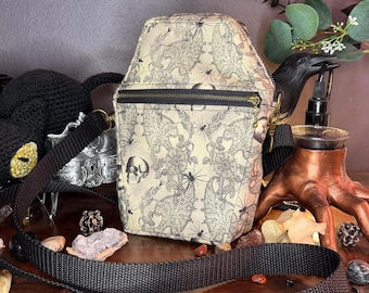 Coffin Shaped Crossbody Purse | Antique Filigree Skull and Spider Print | Handmade Goth Bag with Brass Hardware & Pockets