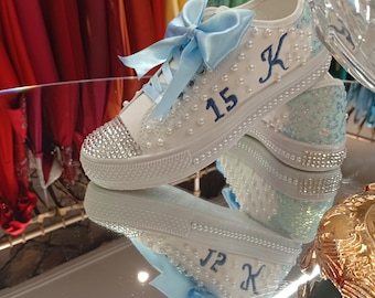 Handmade Sweet 15 Sneakers – Personalized Initial, Pearls & Blue Satin