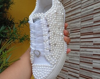 Custom Pearl & Rhinestone Bridal Sneakers – Handmade Wedding Shoes