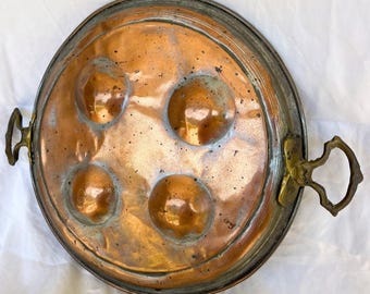 Vintage Hammered Copper Escargot or Egg Poaching Pan | French Copper Cookware with Brass Handles | Rustic Farmhouse Kitchen Décor