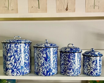 CGS International Blue & White Splatter Enamelware Canister Set | 4-Piece Farmhouse Kitchen Canisters with Lids | Graniteware Pantry Storage