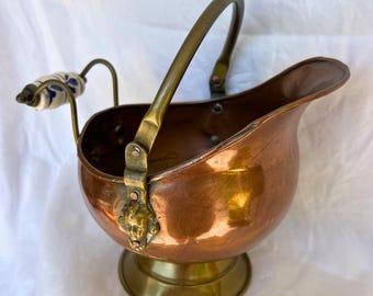 Vintage Copper & Brass Coal Scuttle | Fireplace Ash Bucket with Porcelain Handle | English Cottage Hearth Décor