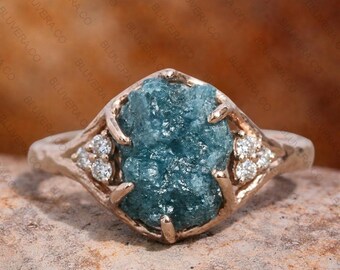 Blauer Rohdiamant Verlobungsring, Organischer natürlicher ungeschliffener Stein, 925er Silber / Gold Alternative
