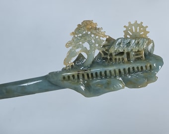 jade hairpin , Handmade hollow carving of natural Xiu jade KA199