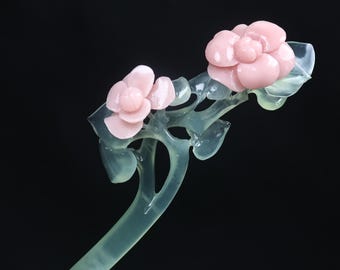 Horquilla de jade natural Xiuyan tallada a mano con forma de flor KA201