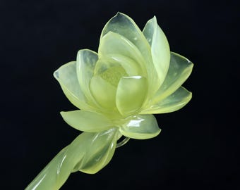 Handgesneden groene lotus Xiuyan jade haarspeld, bloemvormige jade haarspeld voor opgestoken haar KA600