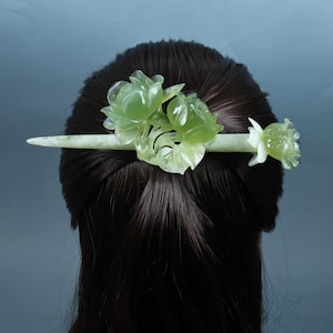 Handmade Green Jade Rose Hair Set, Multiway Carved Floral Hairpin Kit KA530