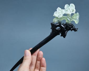 Grampo de cabelo de jade, entalhe oco feito à mão em jade Xiu natural, design de galho de madeira seca KA393