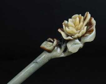 jade Flower hairpin , Handmade hollow carving of natural Xiu jade KA414