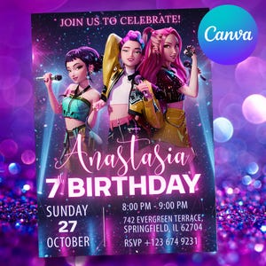 kpop Demon hunters Birthay invitation, kpop theme, demon hunter party, editable party invite, demon huntrix birthay party decor for fun