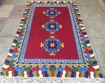 Handgeknüpfter Wollteppich: Indo-Tibetisches Nepali-Design-Medaillon, Rot