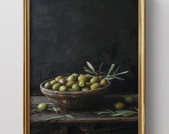 Wall Art Print Dark Moody Olives: rustiek stilleven keuken wanddecoratie (digitale download)