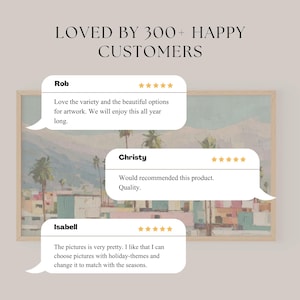 May include: A framed landscape painting with a light wood frame. The artwork depicts a colorful scene with palm trees, buildings, and mountains. Text above the painting reads "LOVED BY 300+ HAPPY CUSTOMERS" with customer reviews in speech bubbles.