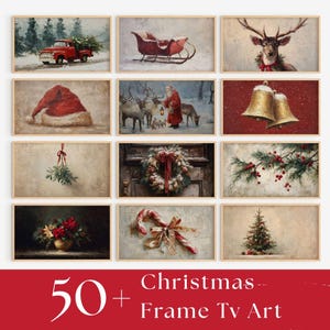May include: A collection of framed Christmas-themed art prints. The images feature vintage-style illustrations of a red truck with a Christmas tree, Santa Claus, reindeer, bells, and a Christmas tree. The text reads "50+ Christmas Frame TV Art."
