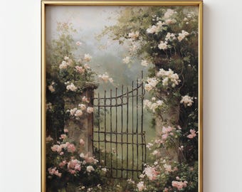 Vintage Blumen Gartentor Wand Kunst: Frühling Cottagecore Dekor, französisches Land Druck (digitaler Download)