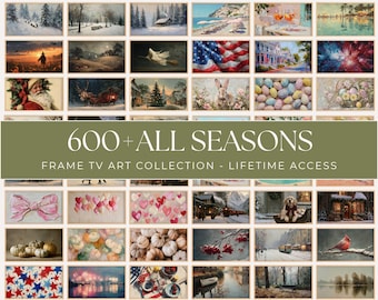 Puede incluir: Una colección digital de más de 600 obras de arte en formato horizontal para televisores Frame, con diversos temas estacionales que incluyen paisajes invernales, flores, playas y calabazas con el texto 600+ ALL SEASONS.