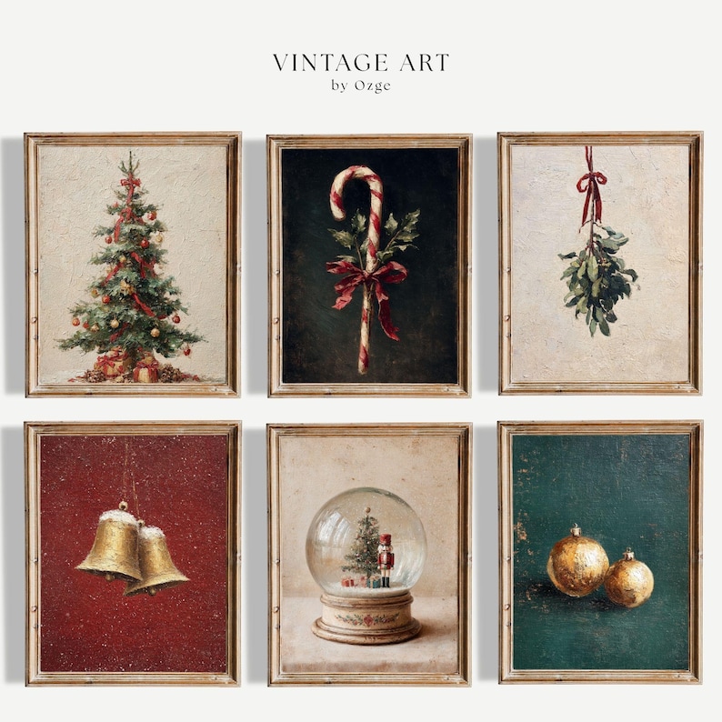 Vintage Christmas Print Set of 6: Cozy Holiday Gallery Wall Art