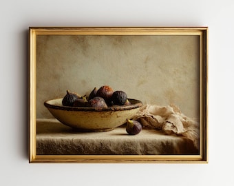 Natura morta di fichi vintage da parete: stampabile per cucina rustica autunnale, decorazione in stile fattoria con ciotola in ceramica