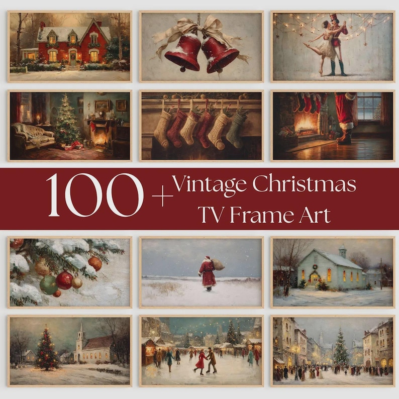 May include: A collection of framed vintage Christmas art prints. The prints depict festive scenes such as a snow-covered house, Christmas bells, a couple dancing, a decorated Christmas tree, stockings, and Santa Claus. The text reads "100+ Vintage Christmas TV Frame Art."