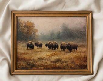 Rustic Bison Wall Art: Vintage Autumn Pasture Printable, Cozy Farmhouse Cottagecore Decor