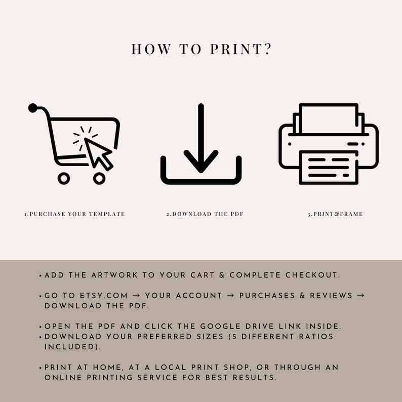 May include: A beige graphic with the text "HOW TO PRINT?" and instructions. The steps include purchasing a template, downloading a PDF, and printing. Icons of a shopping cart, a download arrow, and a printer are shown.
