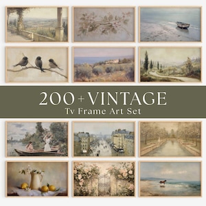 May include: A collection of framed vintage art prints. The prints feature landscape scenes, floral arrangements, and cityscapes in soft, muted colors. The text "200+ VINTAGE TV Frame Art Set" is displayed in the center.