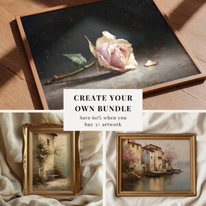 May include: A framed artwork featuring a detailed painting of a light pink rose with green leaves against a dark background. The image also shows two other framed landscape paintings. Text on the image reads: CREATE YOUR OWN BUNDLE, Save 60% when you buy 3+ artwork.