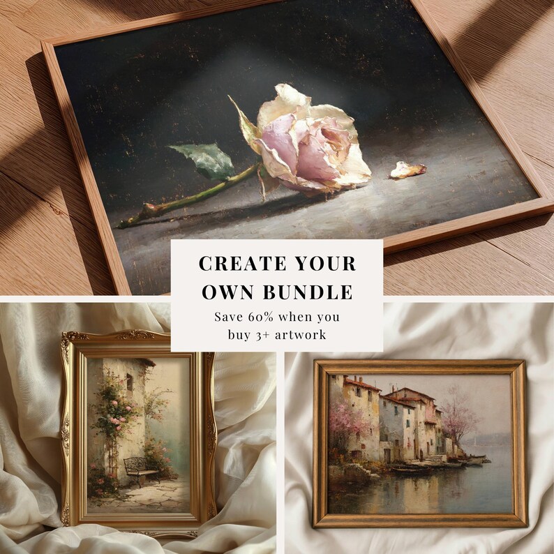 May include: A framed artwork featuring a detailed painting of a light pink rose with green leaves against a dark background. The image also shows two other framed landscape paintings. Text on the image reads: CREATE YOUR OWN BUNDLE, Save 60% when you buy 3+ artwork.