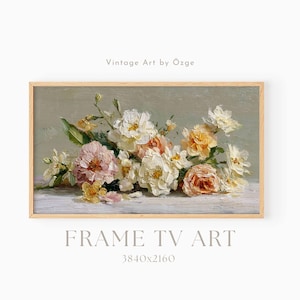 May include: A framed floral still life painting featuring a bouquet of white, peach, and yellow roses. The artwork is labeled "Vintage Art by Özge" and "FRAME TV ART" with the resolution 3840x2160.